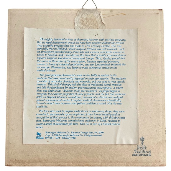 Delft Holland limited edition Pharmacy Pill Tile w/ hook
1988 - Picture 3 of 3